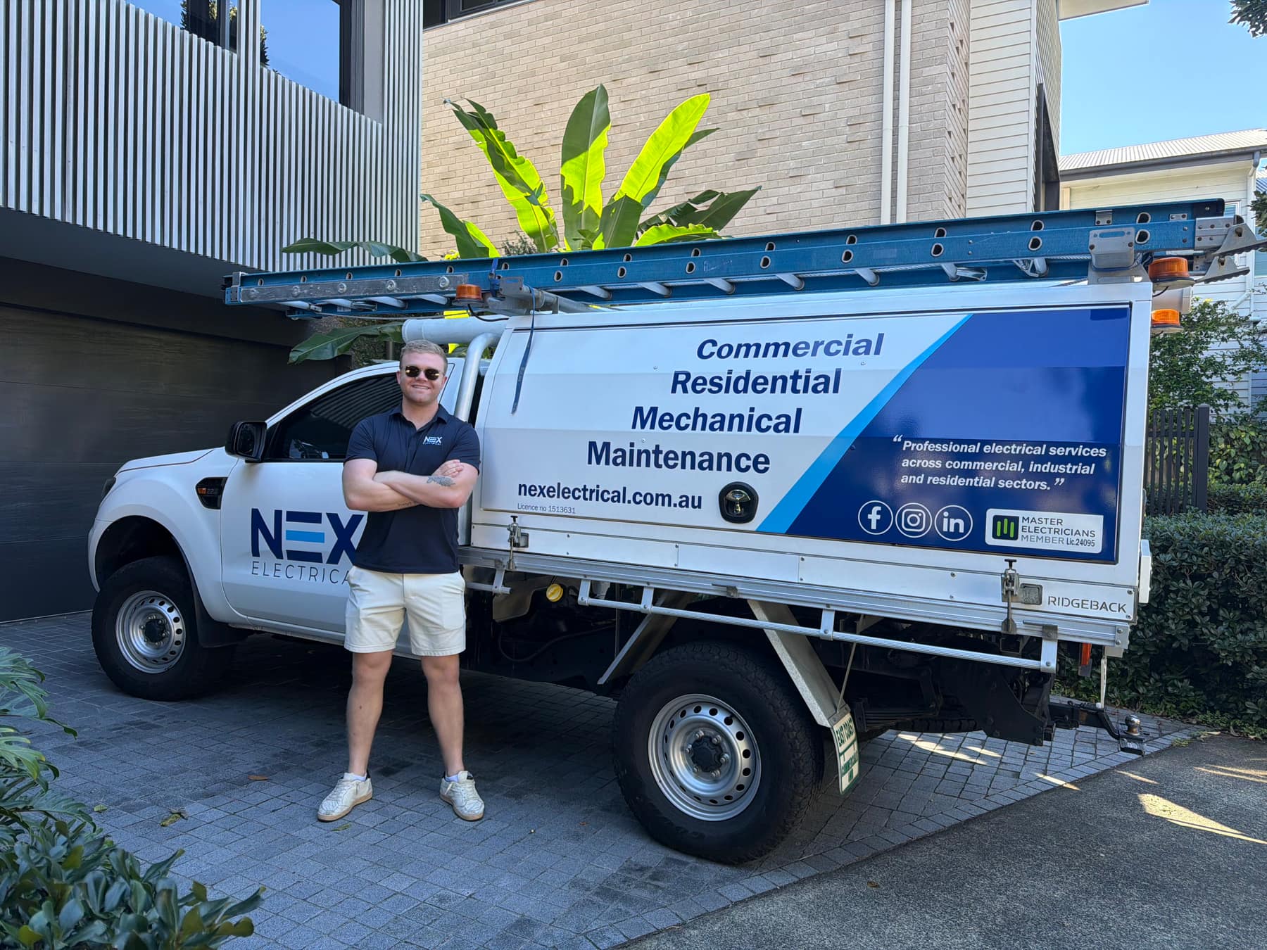 Director Brodie Woodward with the branded Nex Electrical van